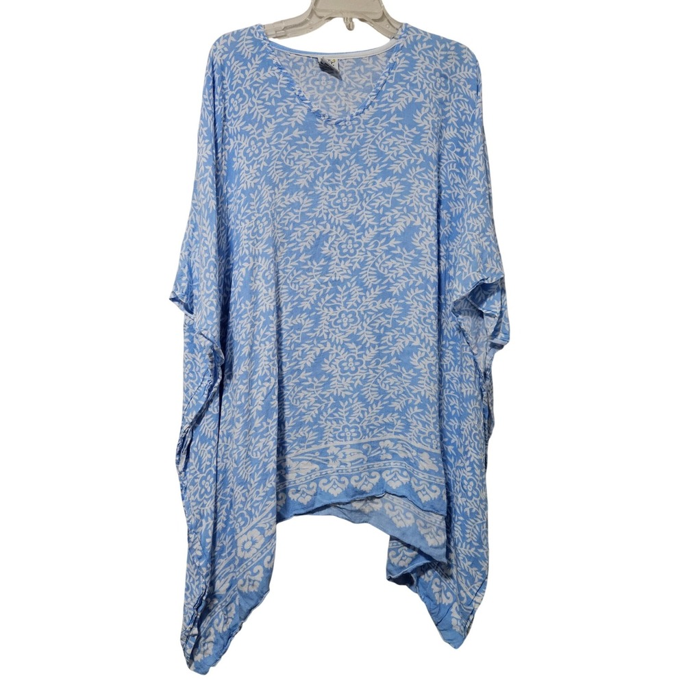 Back From Bali Womens Blue White Floral Rayon Poncho Blouse Handkerchief Hem OS